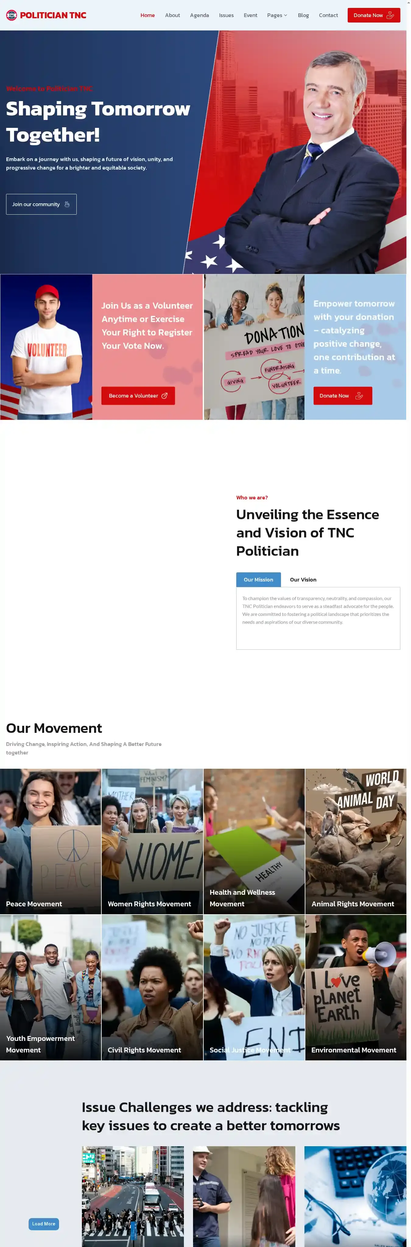 Politician TNC home page on desktop