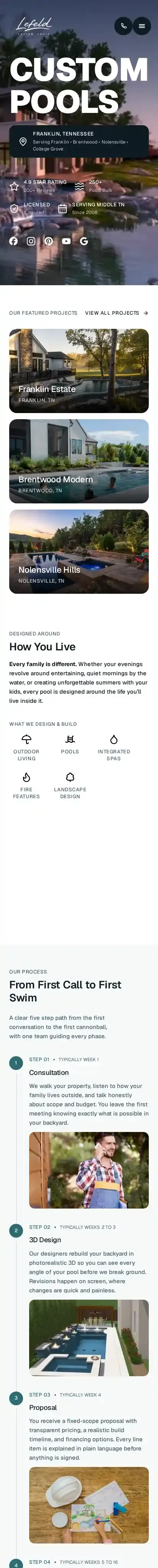 Pool Builder home page on mobile