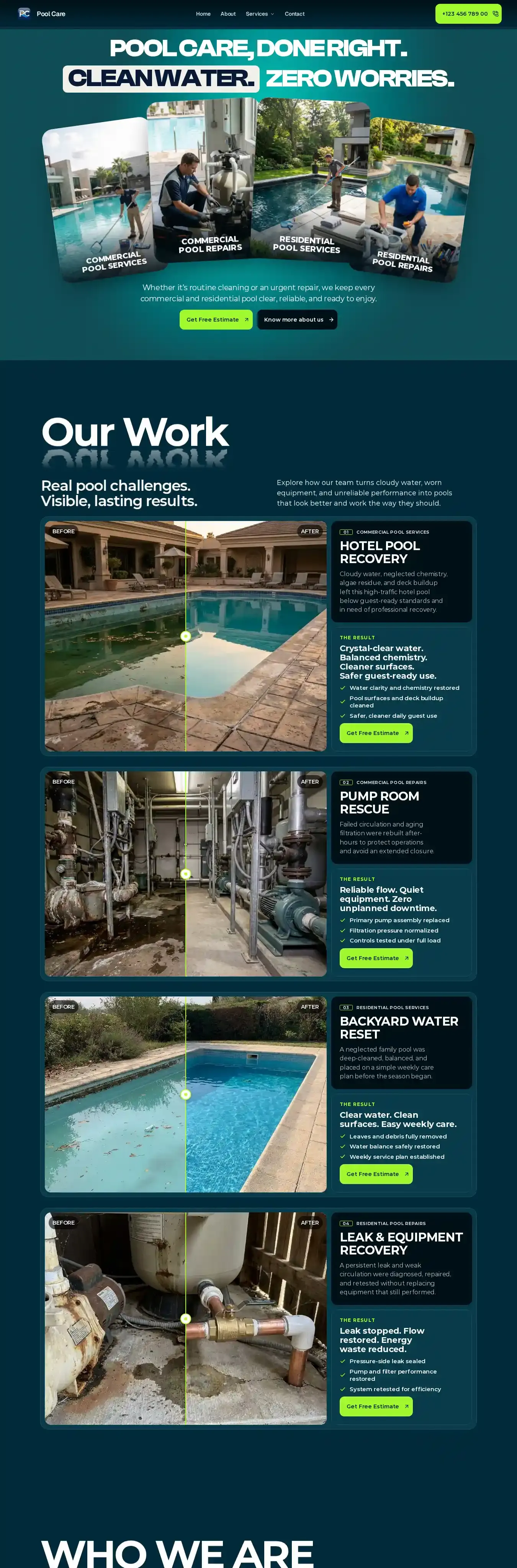 Pool care home page on desktop