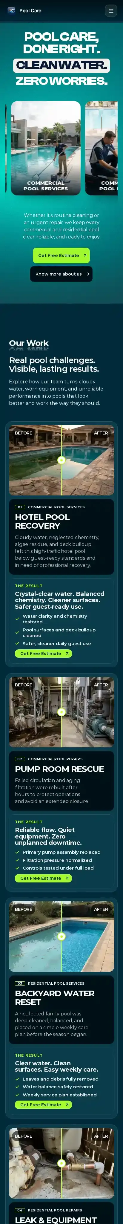 Pool care home page on mobile