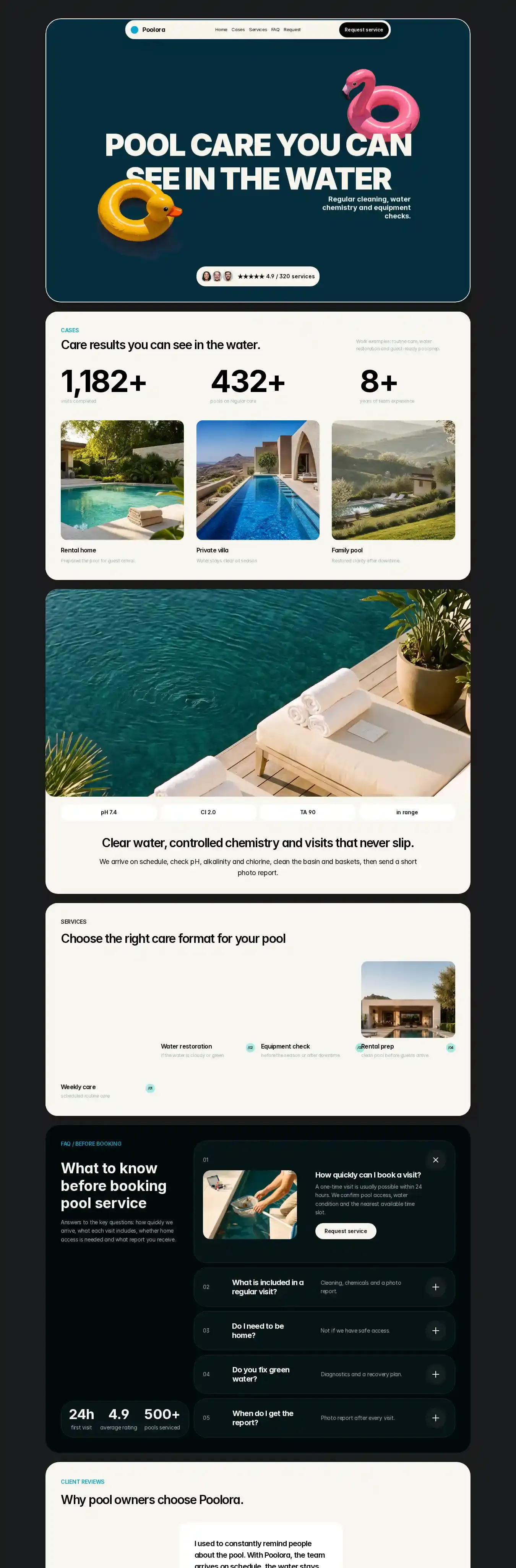 Poolora Pool Service home page on desktop