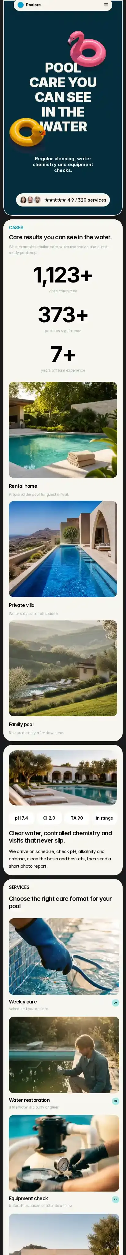 Poolora Pool Service home page on mobile