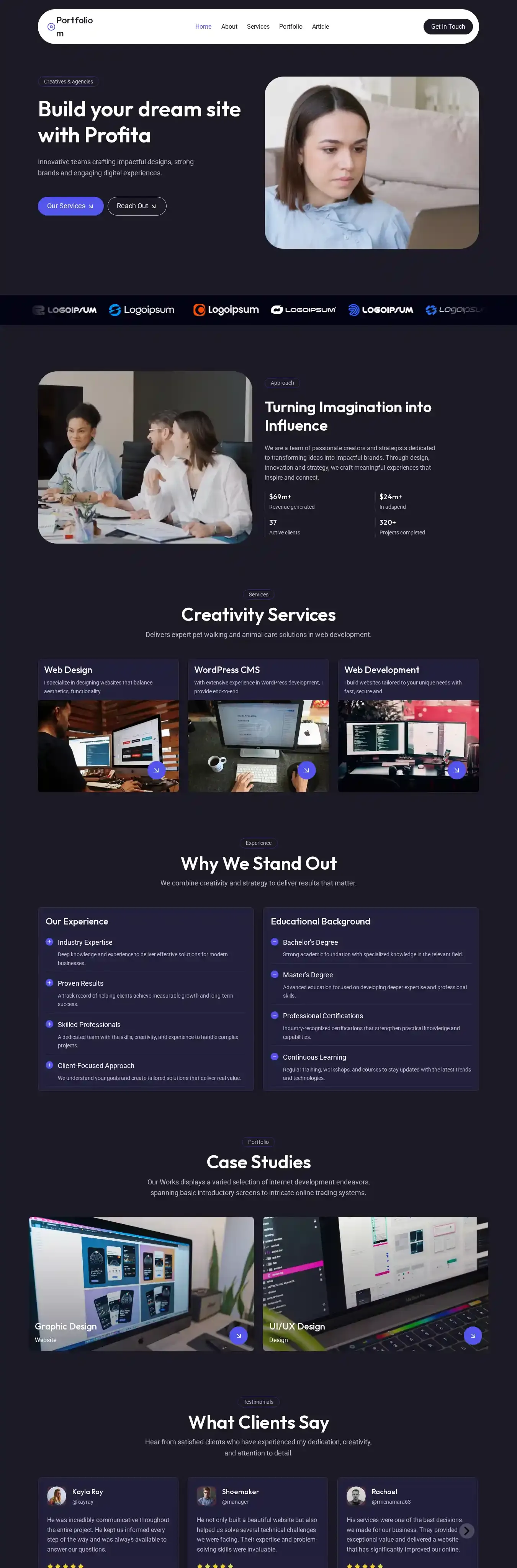 Portfoliom Creatives home page on desktop