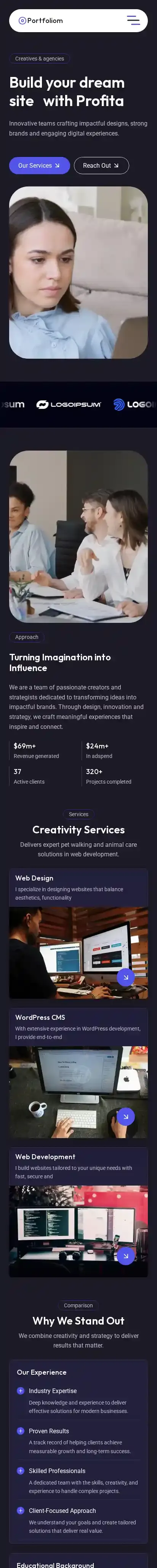 Portfoliom Creatives home page on mobile