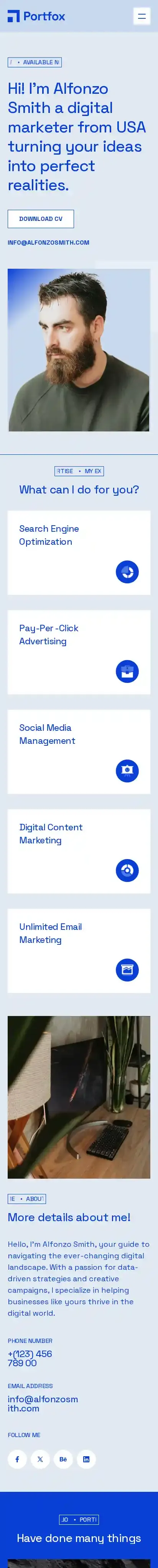 Portfox home page on mobile