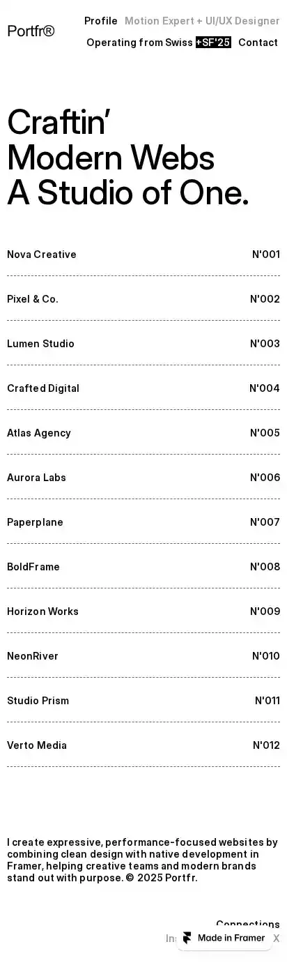 Portfr home page on mobile