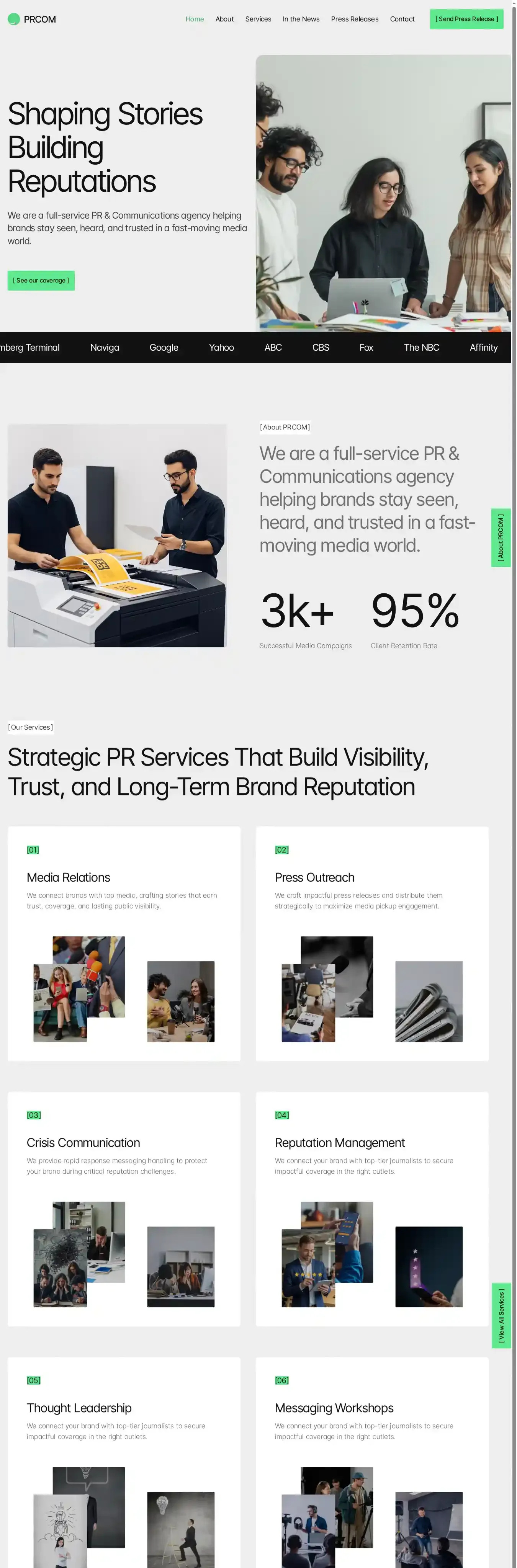PRCOM home page on desktop