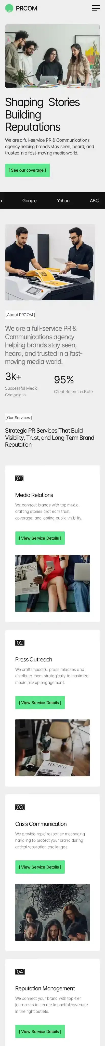 PRCOM home page on mobile