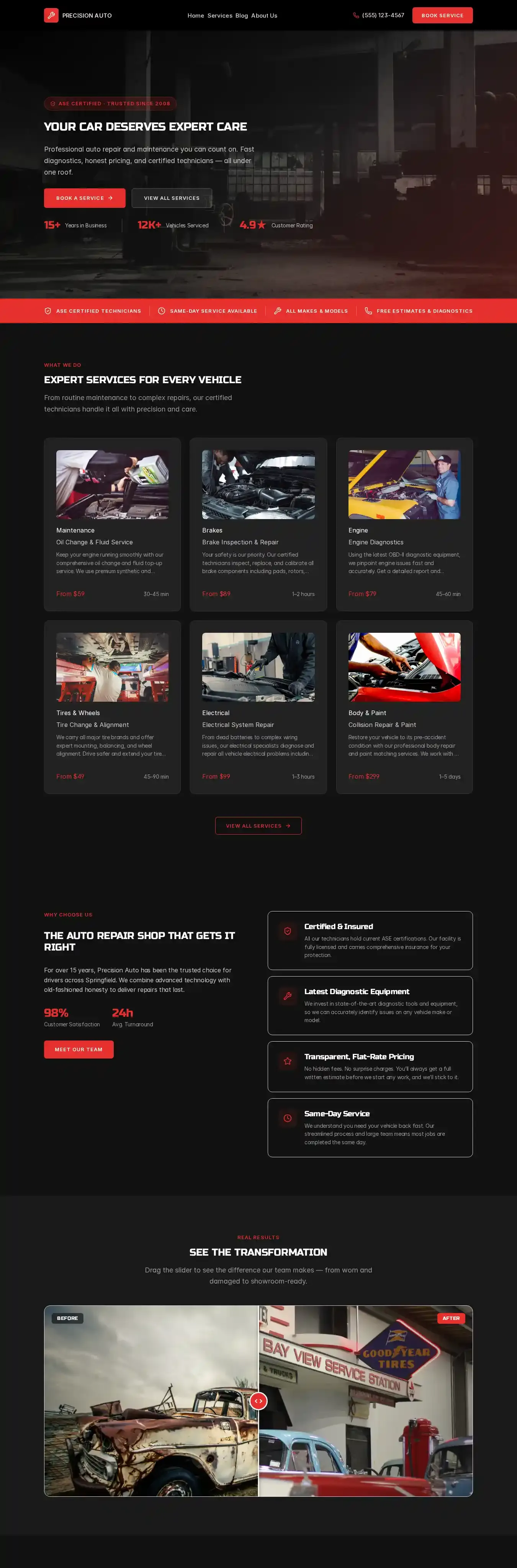 PrecisionAuto home page on desktop