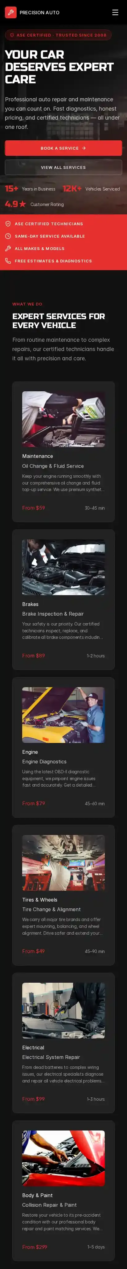PrecisionAuto home page on mobile