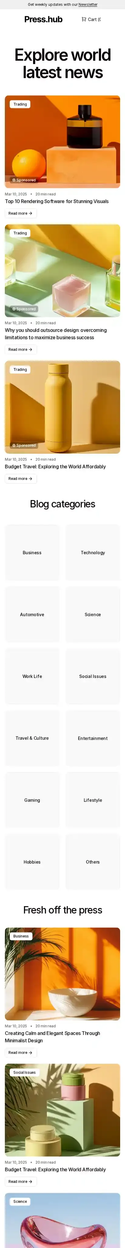 Press.hub home page on mobile