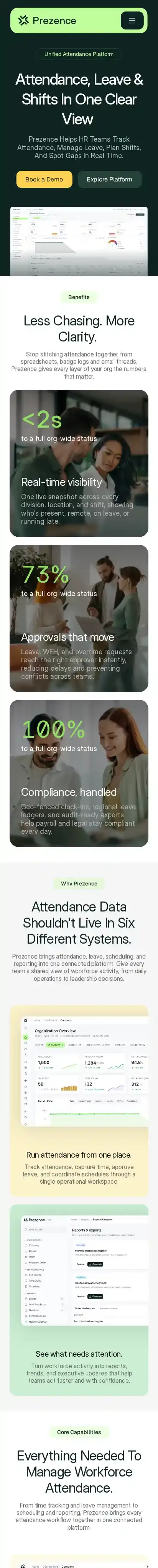 Prezence home page on mobile