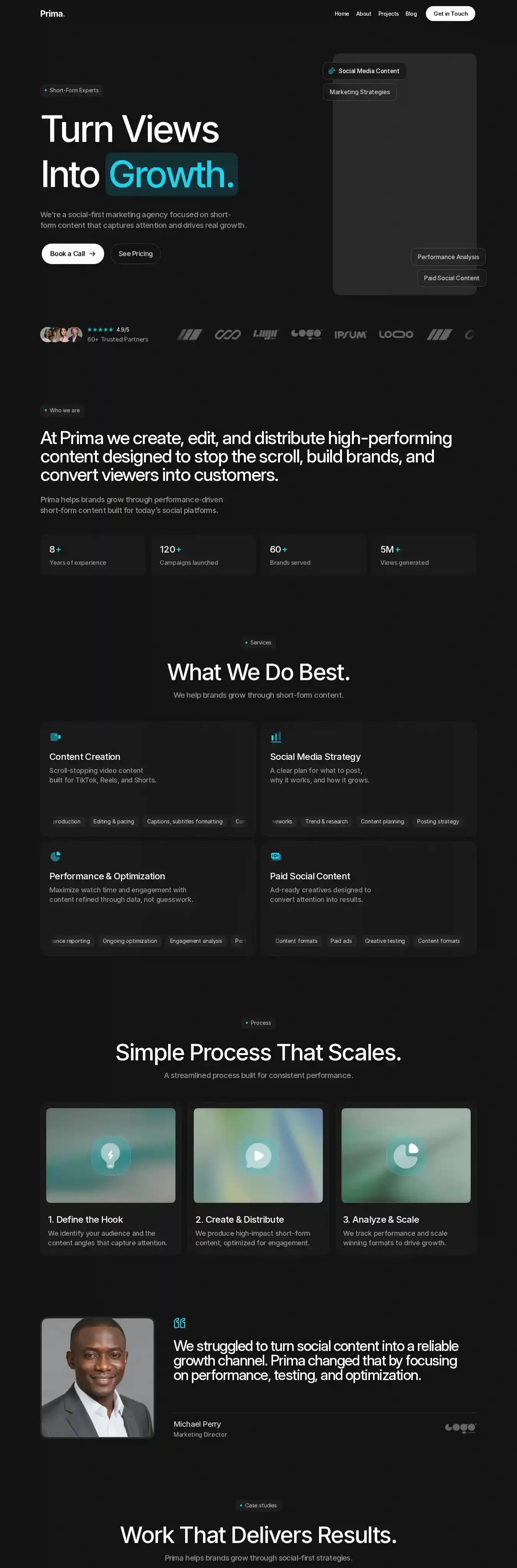 Prima home page on desktop
