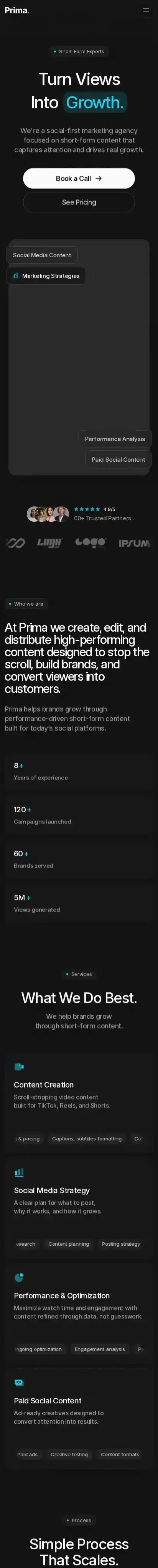 Prima home page on mobile
