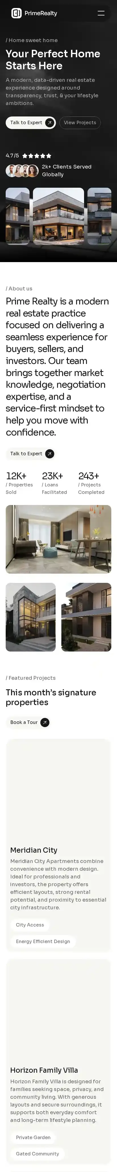 Prime Realty home page on mobile