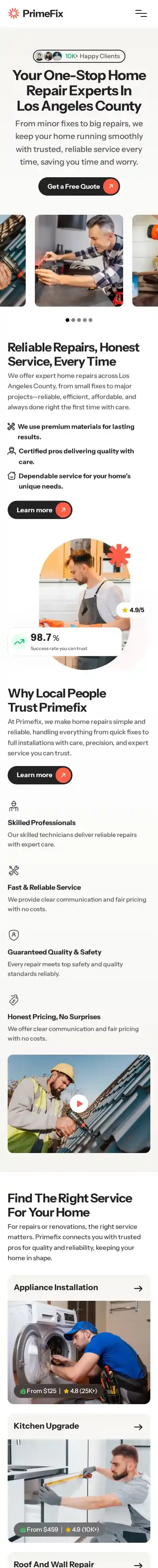 PrimeFix home page on mobile