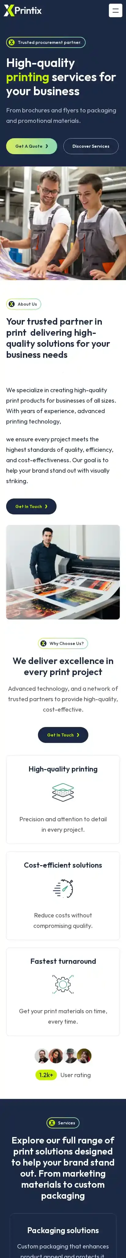 Printix home page on mobile