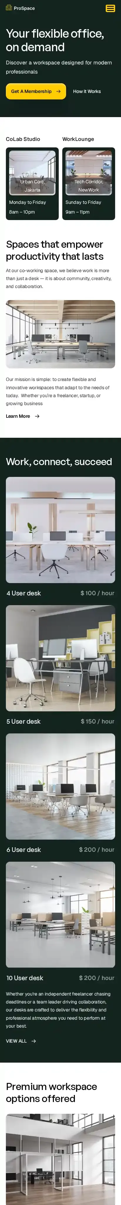 Pro Space home page on mobile
