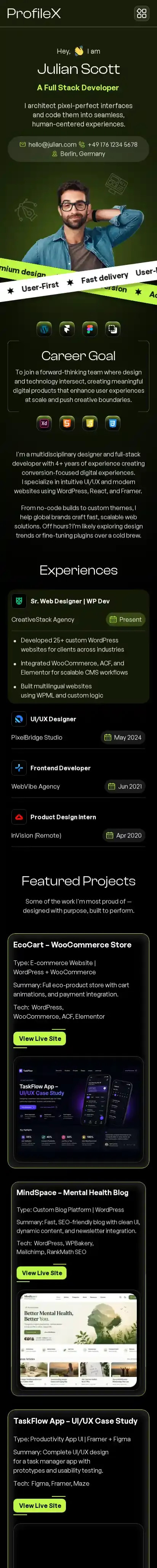 ProfileX home page on mobile