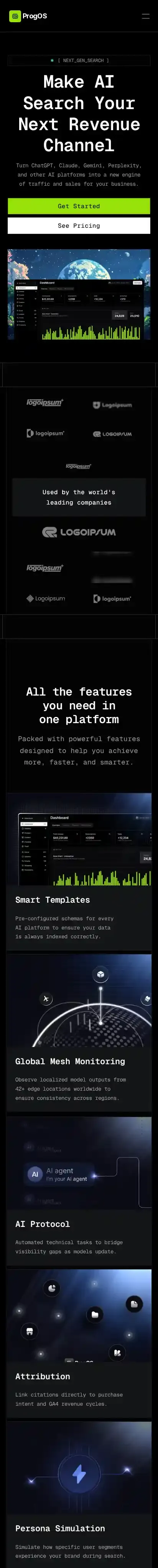 Progos home page on mobile