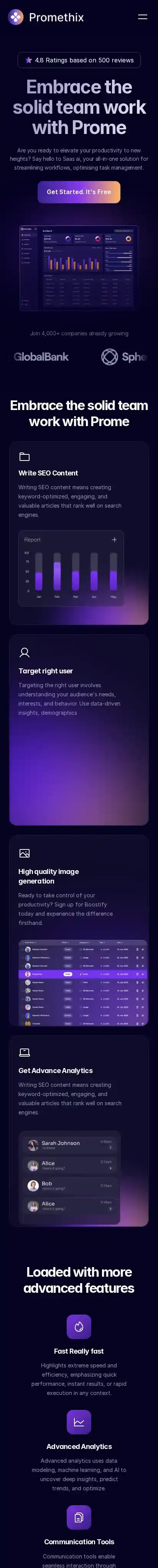 Promethix home page on mobile
