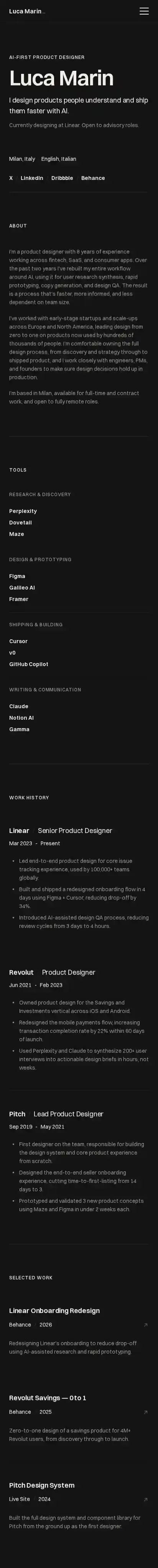 Promptfolio Noir home page on mobile