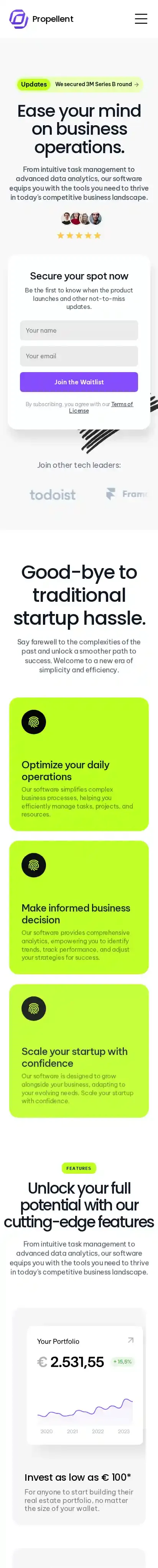 Propellent home page on mobile
