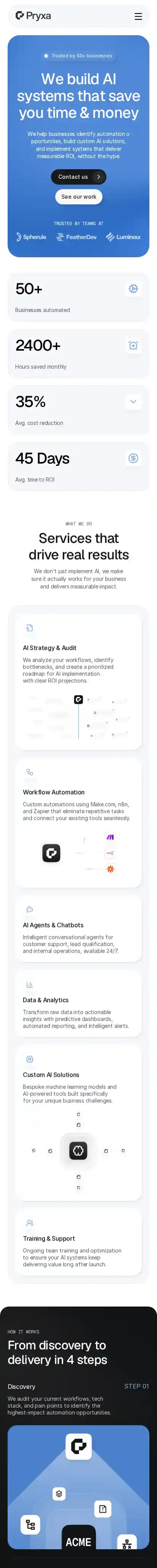 Pryxa home page on mobile