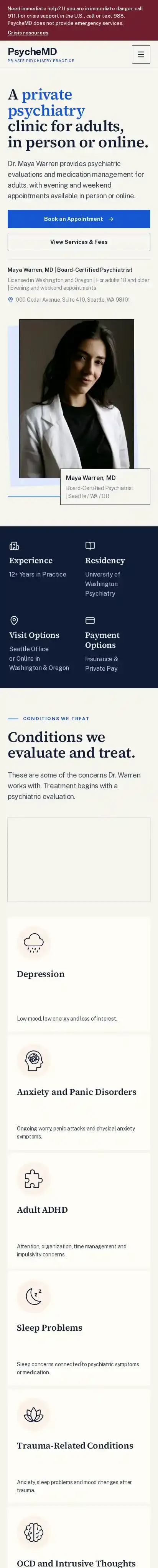 PsycheMD home page on mobile
