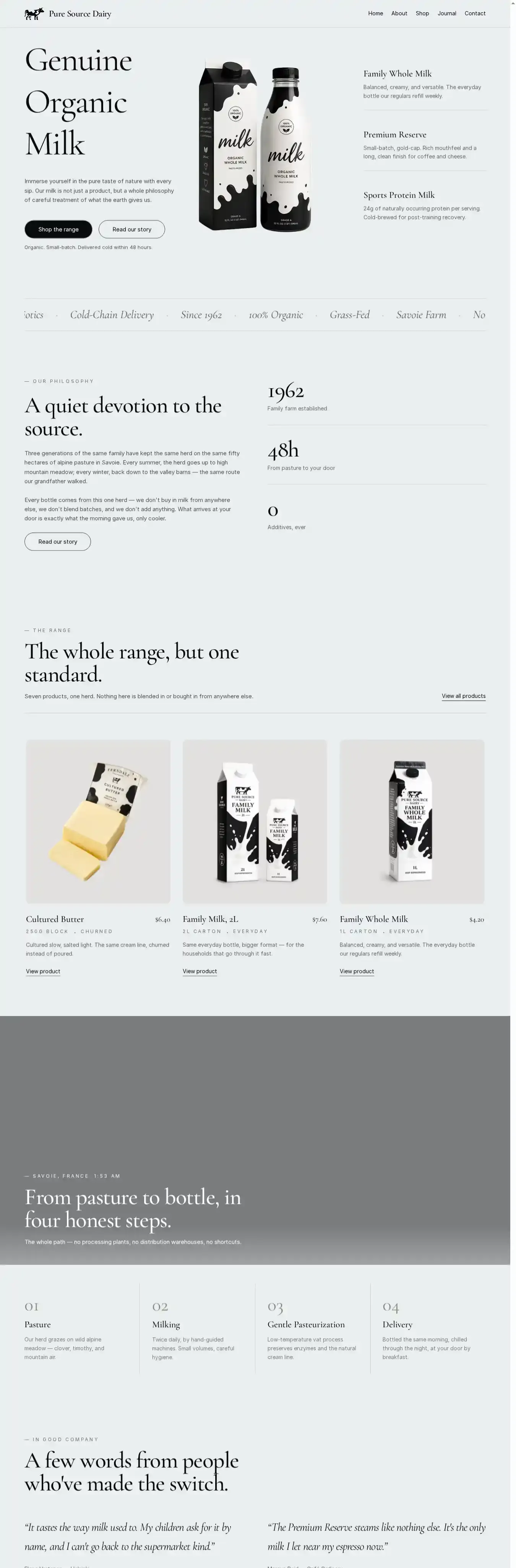 Pure Source Dairy home page on desktop