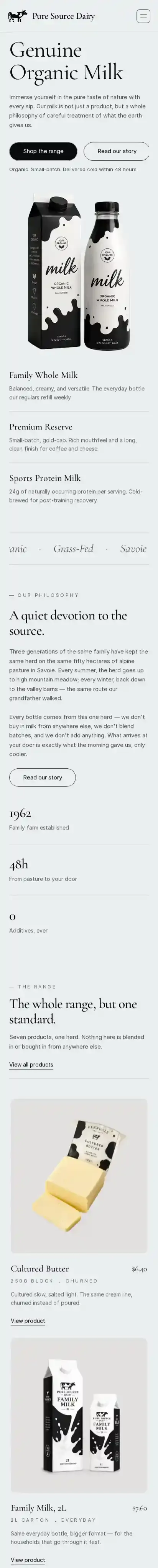 Pure Source Dairy home page on mobile