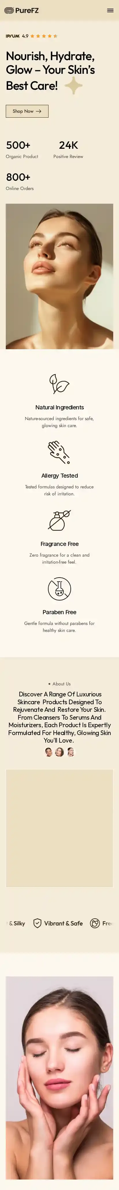 Purefz home page on mobile