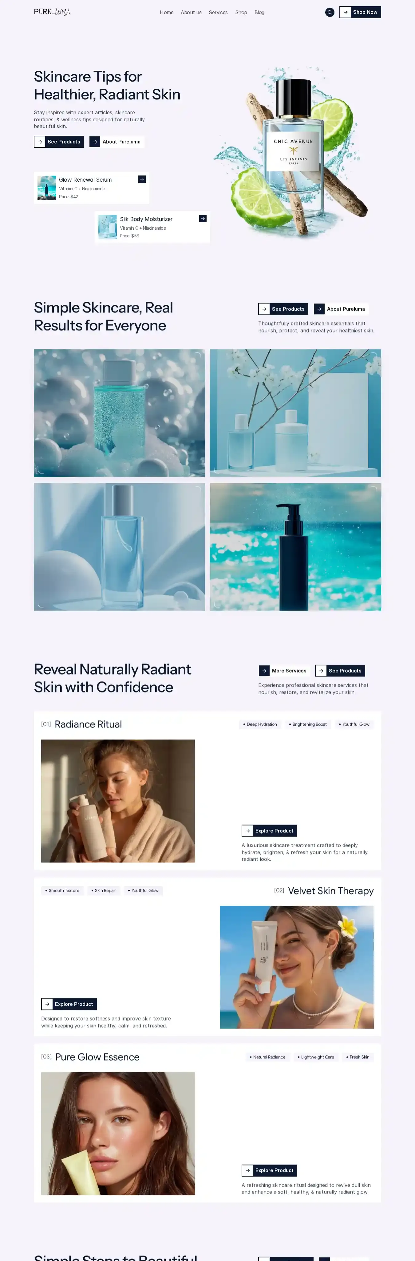 Pureluma home page on desktop