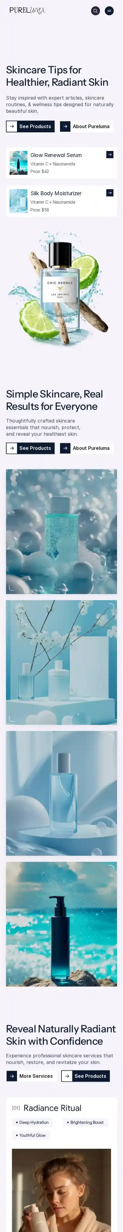 Pureluma home page on mobile