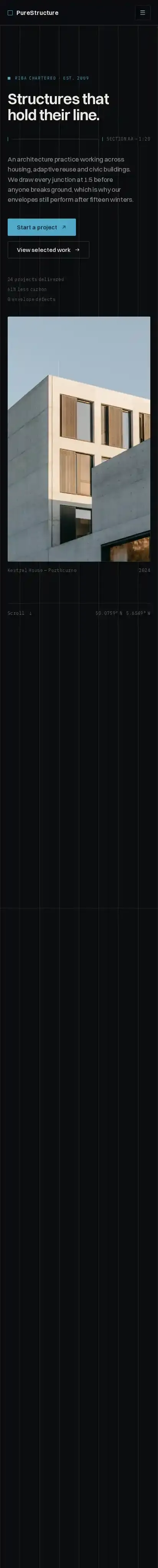 PureStructure home page on mobile