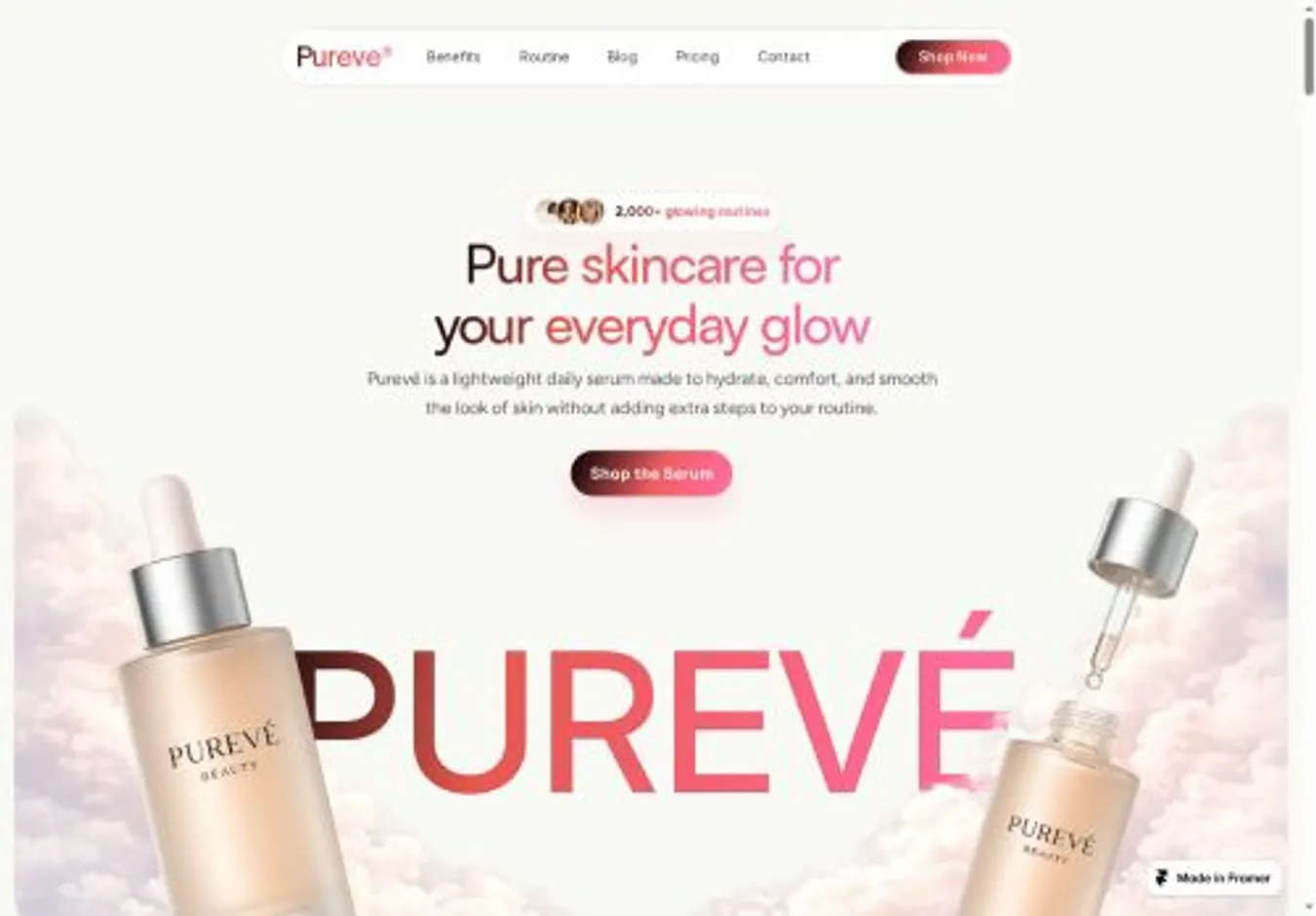 Purevé home page on desktop