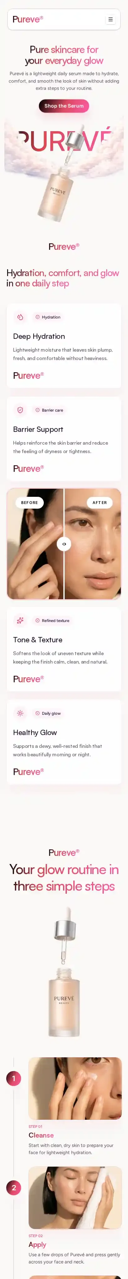 Purevé home page on mobile