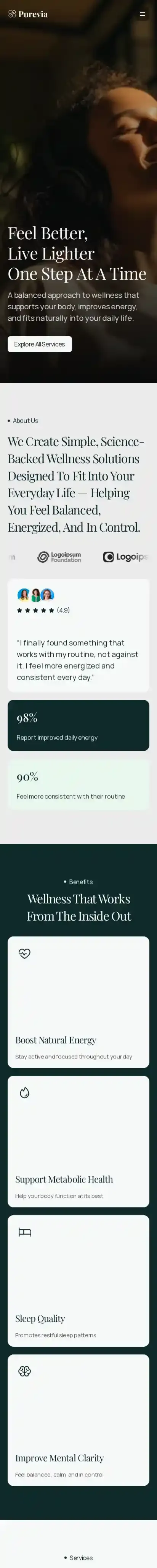 Purevia home page on mobile