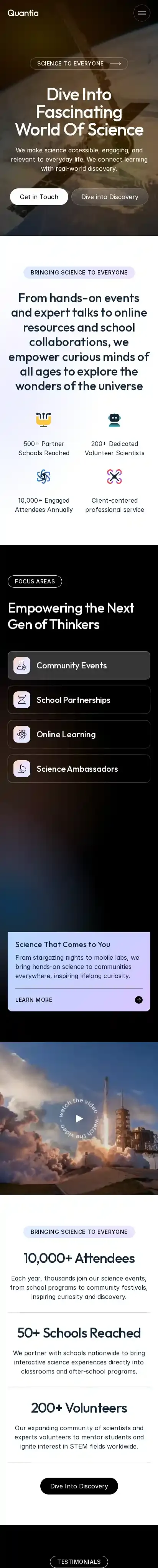 Quantia home page on mobile