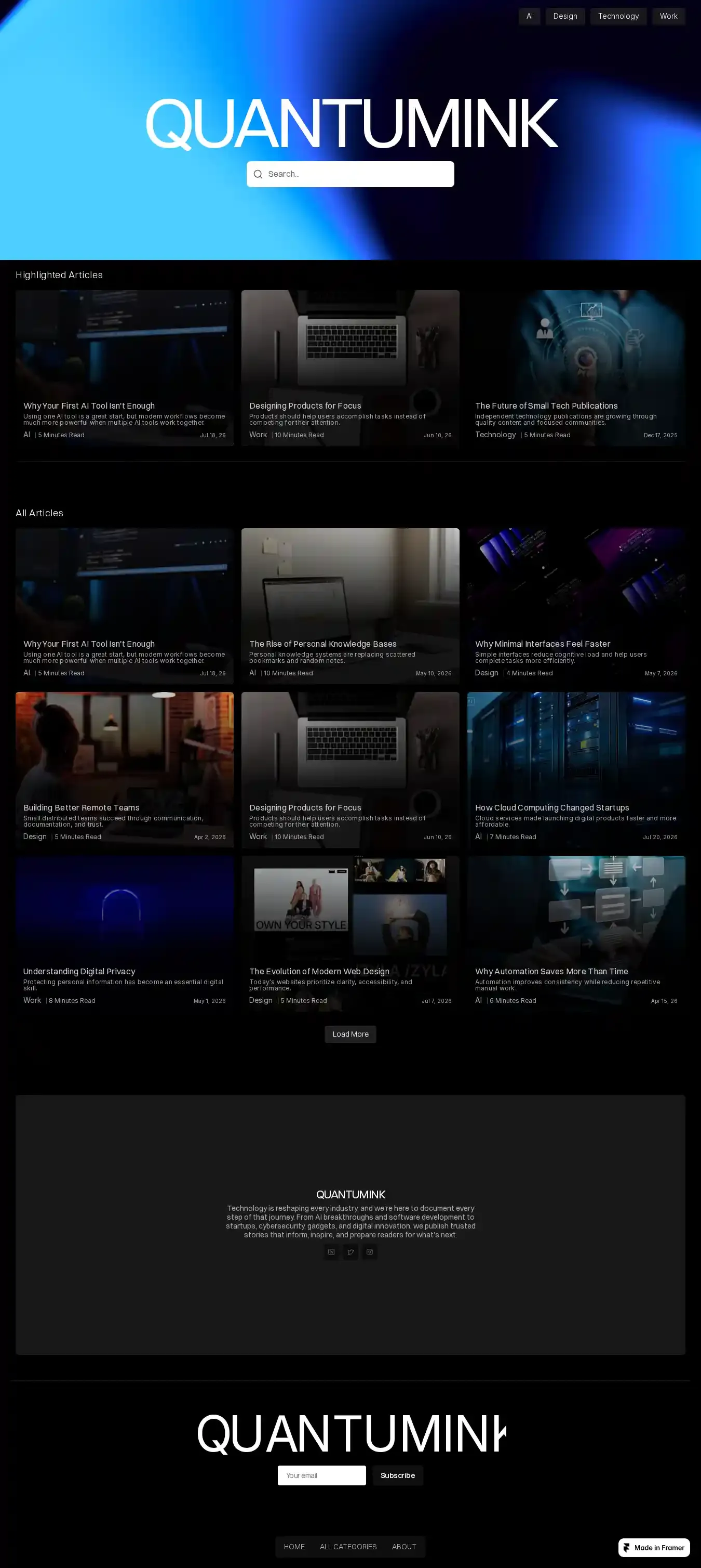 QUANTUMINK home page on desktop