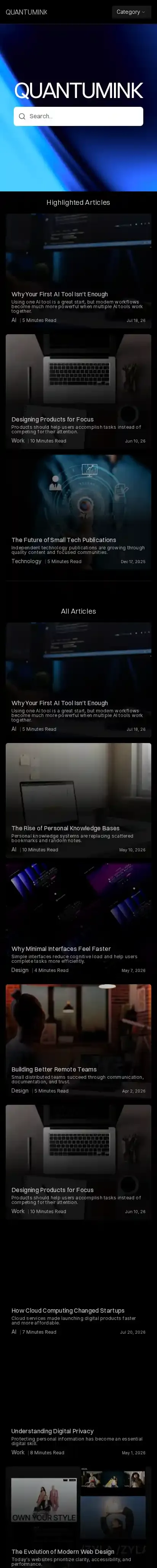 QUANTUMINK home page on mobile