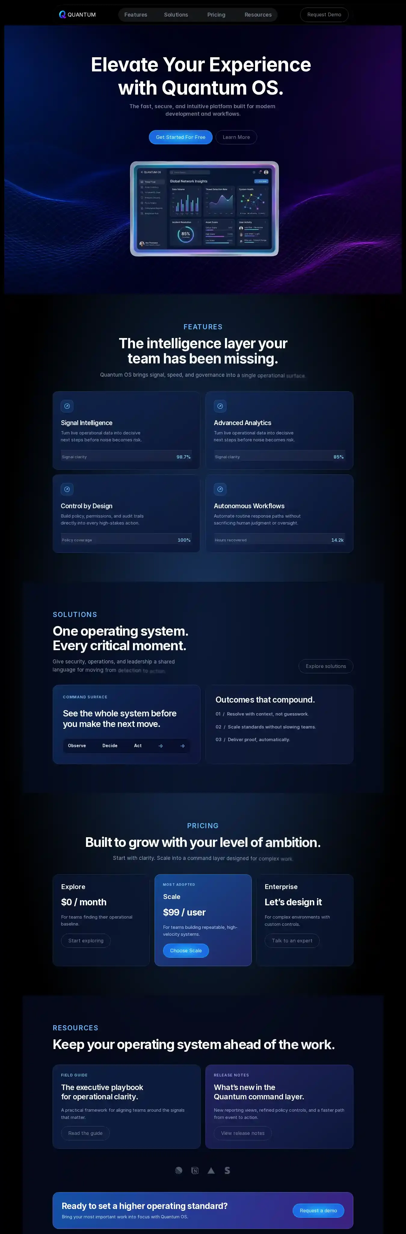 QuantumOS home page on desktop