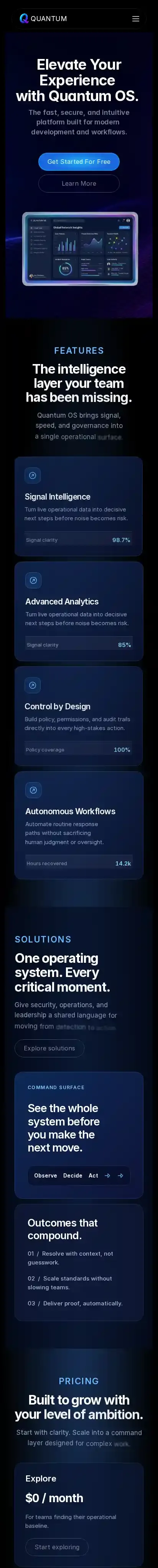 QuantumOS home page on mobile