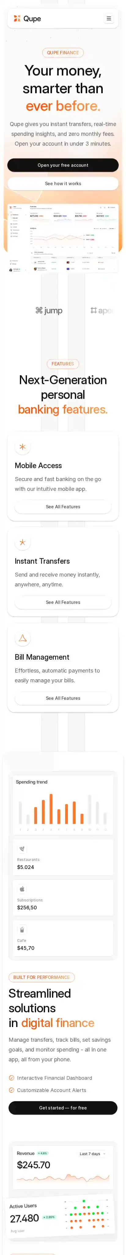 Qupe home page on mobile