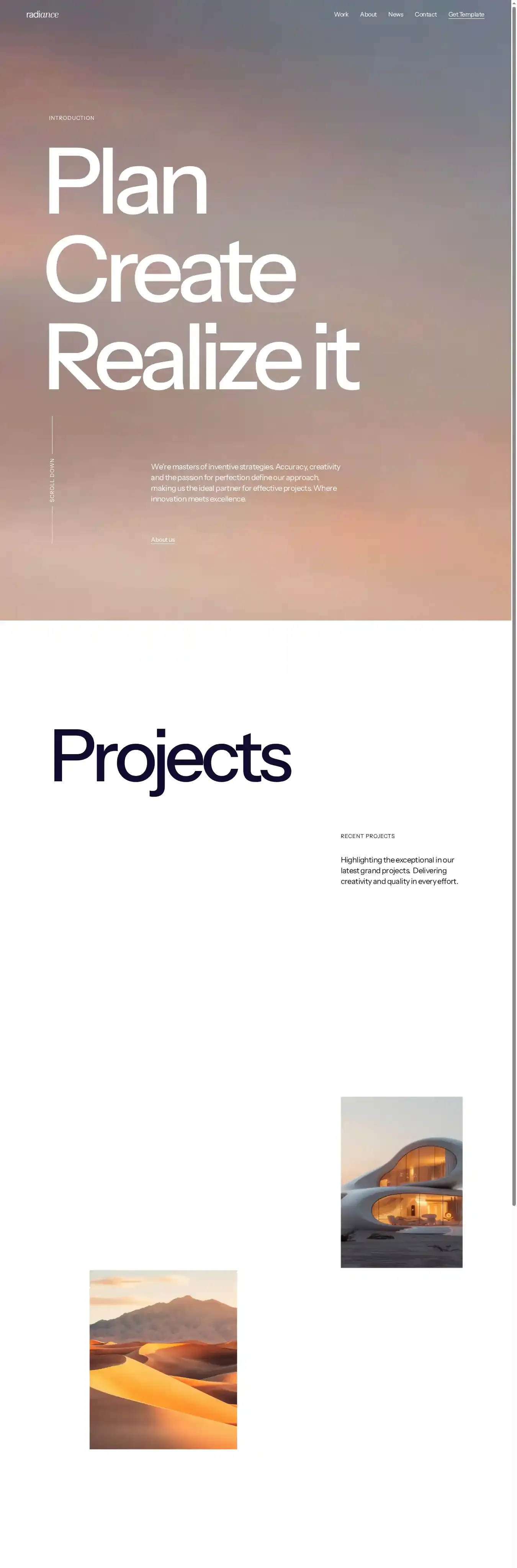 Radiance home page on desktop