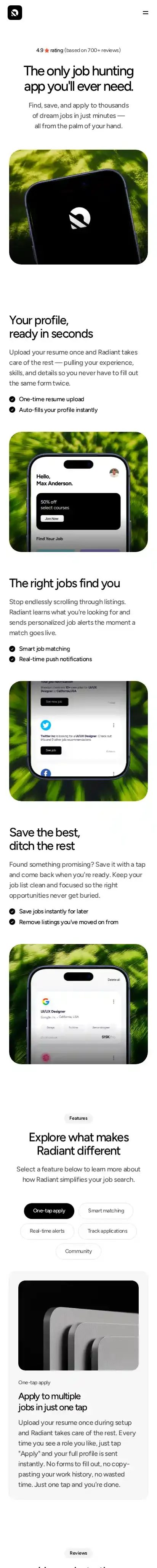 Radiant home page on mobile