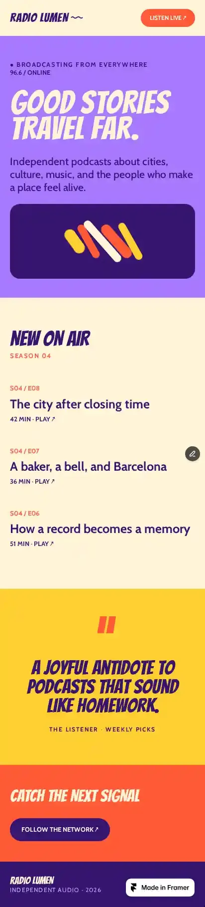Radio Lumen home page on mobile