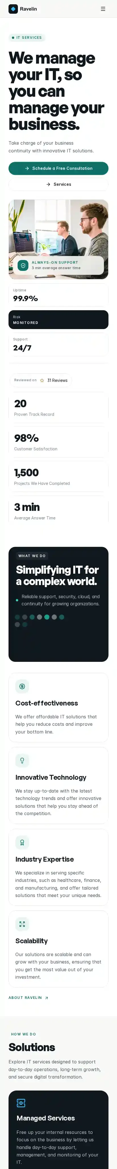 Ravelin home page on mobile