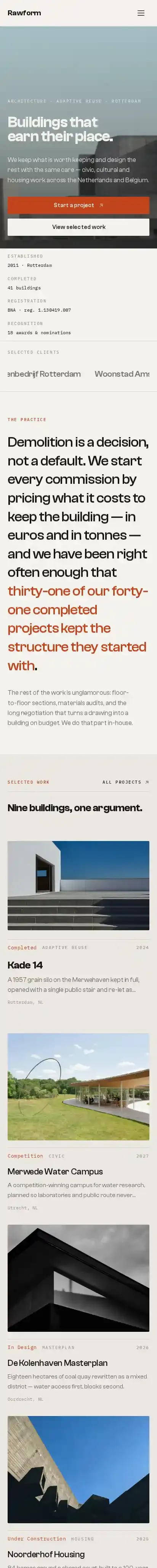 Rawform home page on mobile