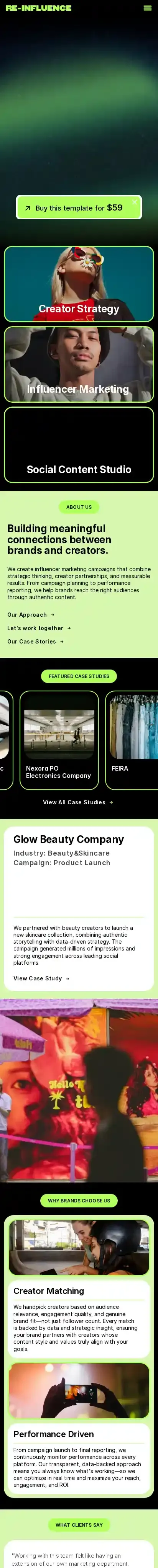 Re-Influence home page on mobile